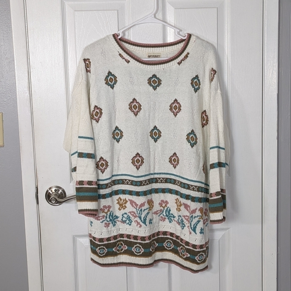 Vintage Knitworks Floral Embroidered Coastal Grandma Style Knit Sweater